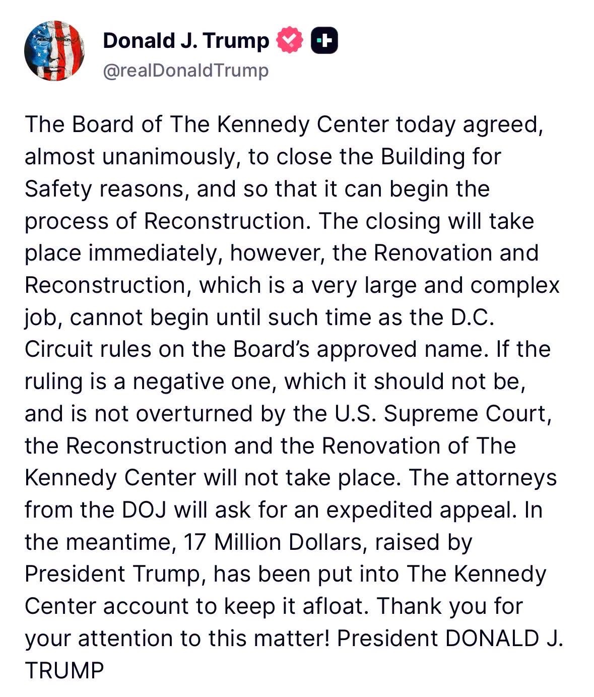 Trump Responds After Kennedy Center Board Votes to Close Main Building