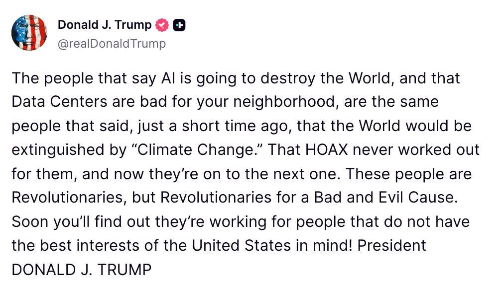 BREAKING: Trump Compares AI and Data Center Warnings to Climate Change Claims